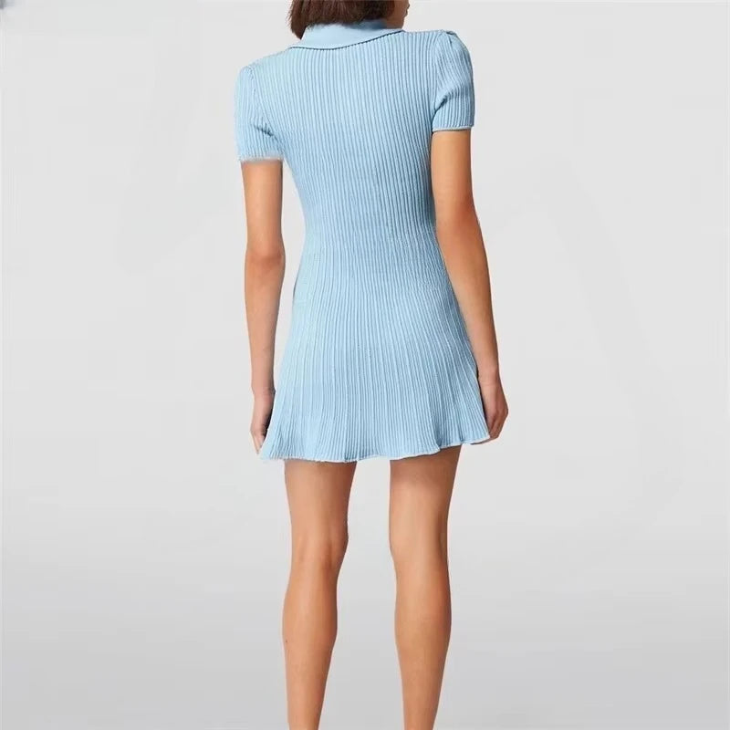 2025 Spring/Summer New Polo Neck Short Sleeve Knitted Dress Y2K Fashion Commuter Elastic Slim Fit Multi Pocket Wrapped Hip Skirt