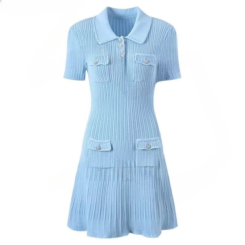 2025 Spring/Summer New Polo Neck Short Sleeve Knitted Dress Y2K Fashion Commuter Elastic Slim Fit Multi Pocket Wrapped Hip Skirt