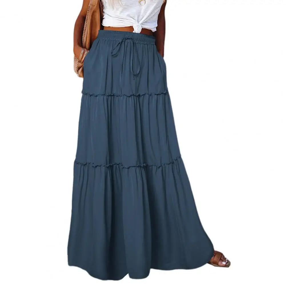 Fashion High Waist Long Solid A-Line Skirt Women Casual Beach Faldas Female Boho Elastic Waist Holiday Party Maxi Skirt
