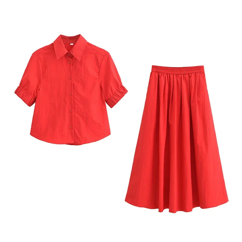Women VintageTwo Piece Skirt Set 2025 New Summer Short Sleeve Shirts Long Skirt Set Casual Matching Suit Outfits