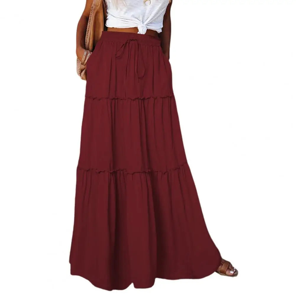 Fashion High Waist Long Solid A-Line Skirt Women Casual Beach Faldas Female Boho Elastic Waist Holiday Party Maxi Skirt