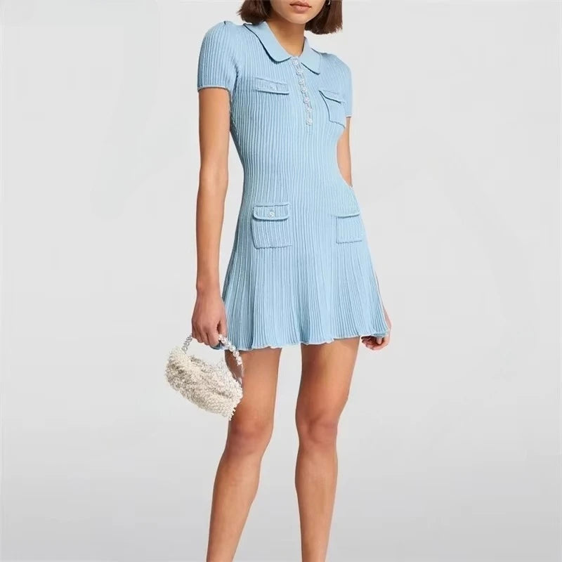 2025 Spring/Summer New Polo Neck Short Sleeve Knitted Dress Y2K Fashion Commuter Elastic Slim Fit Multi Pocket Wrapped Hip Skirt