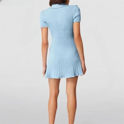 2025 Spring/Summer New Polo Neck Short Sleeve Knitted Dress Y2K Fashion Commuter Elastic Slim Fit Multi Pocket Wrapped Hip Skirt
