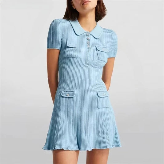 2025 Spring/Summer New Polo Neck Short Sleeve Knitted Dress Y2K Fashion Commuter Elastic Slim Fit Multi Pocket Wrapped Hip Skirt
