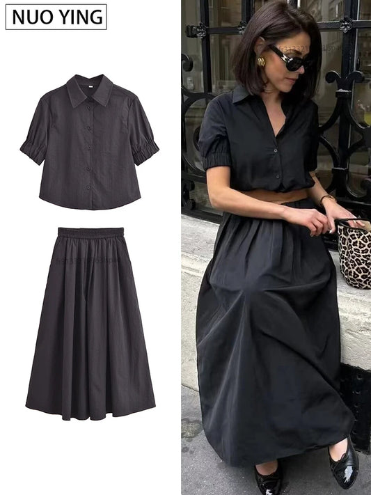Women VintageTwo Piece Skirt Set 2025 New Summer Short Sleeve Shirts Long Skirt Set Casual Matching Suit Outfits