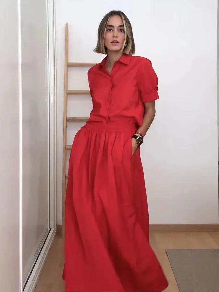 Women VintageTwo Piece Skirt Set 2025 New Summer Short Sleeve Shirts Long Skirt Set Casual Matching Suit Outfits
