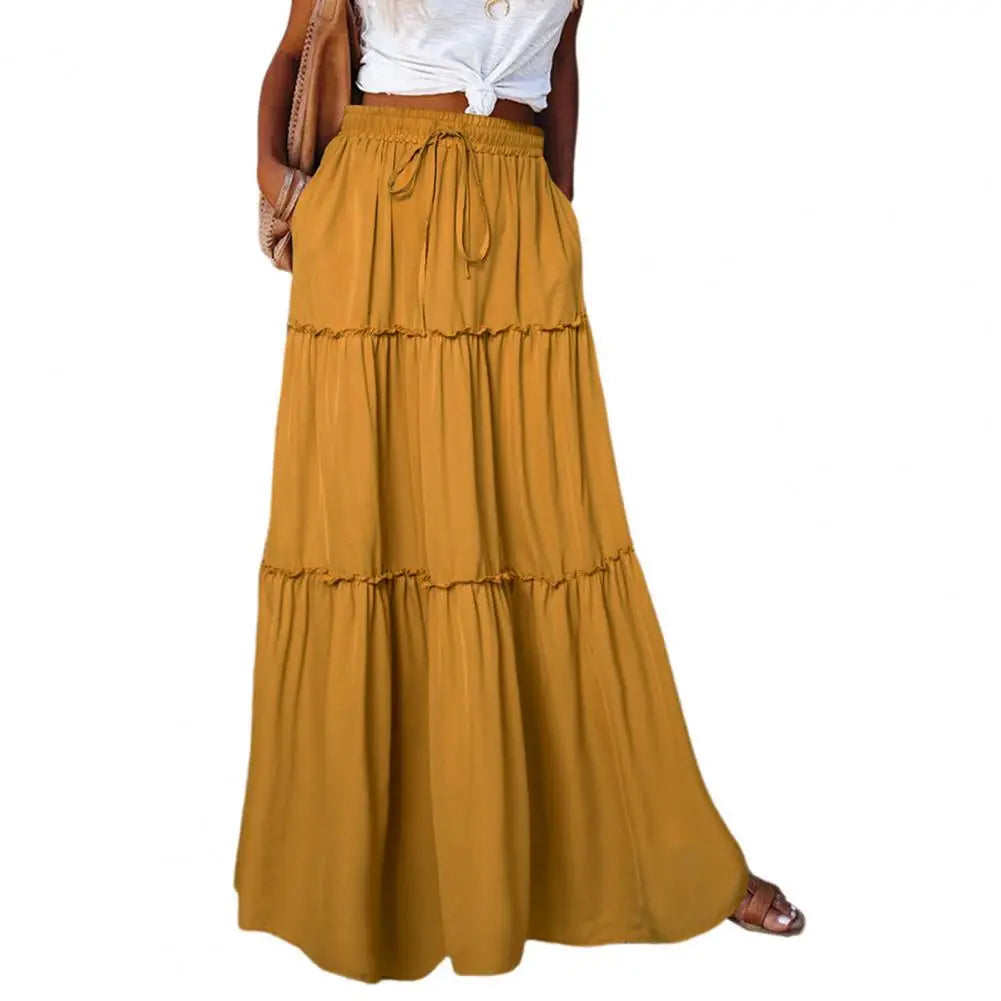 Fashion High Waist Long Solid A-Line Skirt Women Casual Beach Faldas Female Boho Elastic Waist Holiday Party Maxi Skirt