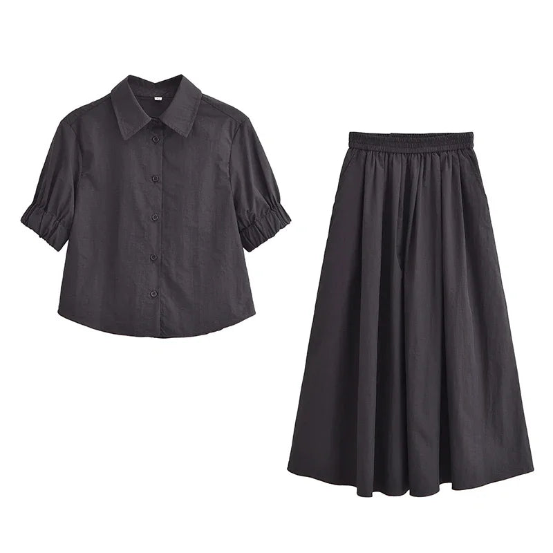 Women VintageTwo Piece Skirt Set 2025 New Summer Short Sleeve Shirts Long Skirt Set Casual Matching Suit Outfits